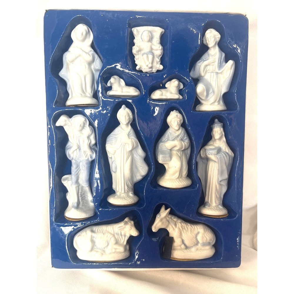 VTG Sears Porcelain Nativity Set 11 Piece White Blue Vintage Christmas Decor
